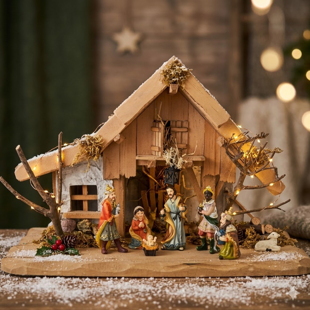 Bezaubernde Weihnachtskrippe Schwaig inkl. 10-tlg. Figurensatz K 132, Maße: ca. 36 x 18 x 24 cm